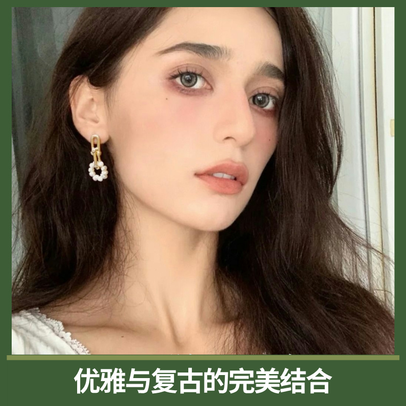 S925银针法式复古马蹄链条珍珠耳环