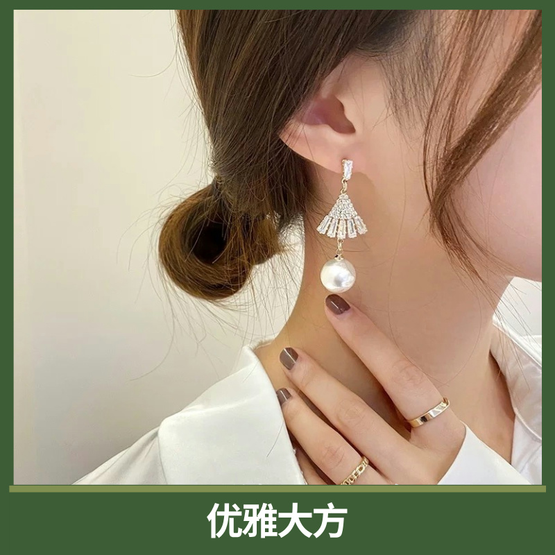 S925银针长款气质扇形珍珠耳环